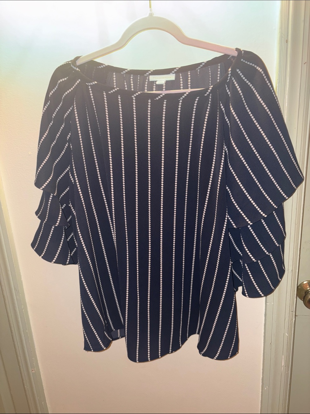 Women’s Navy Stripe Ruffle Sleeve Blouse Charter Club